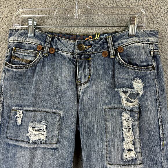 Y2K Mudd Jeans Sz 5 Grunge Skater VTG Crop Distressed Patched Low Rise Jean - Picture 2 of 11
